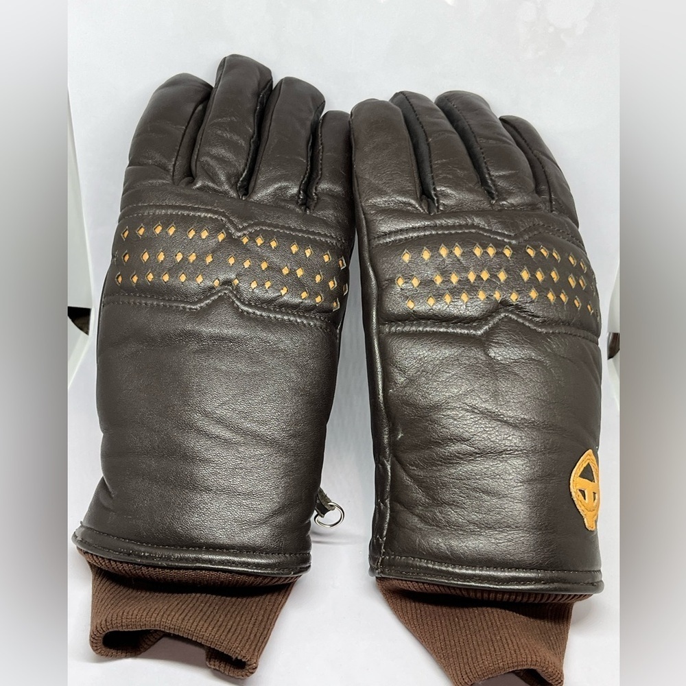 TRAPPE OF ASPEN MENS VINTAGE Brown Leather Gloves with Gold Details, SIZE S